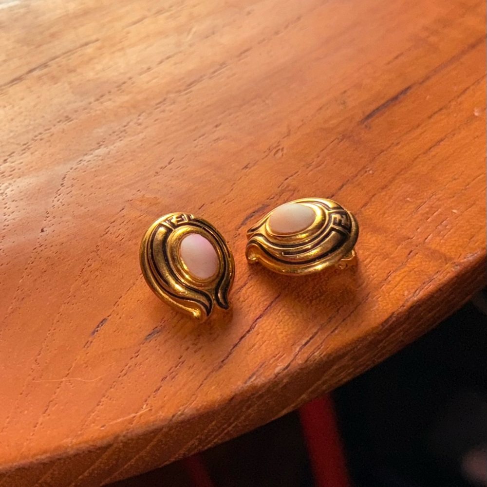 Fendi Vintage Clip-On Pearl Elegant Monogram Gold Earrings